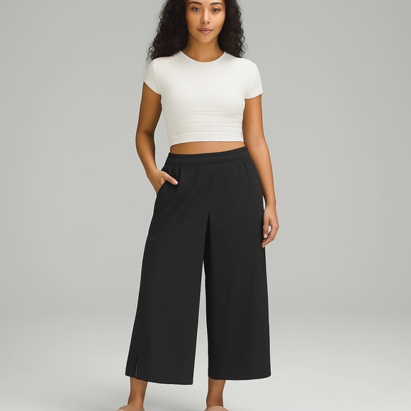 Lululemon Stretch Woven Wide-Leg High-Rise Cropped Pants Women L Black $148 NEW - Picture 1 of 16